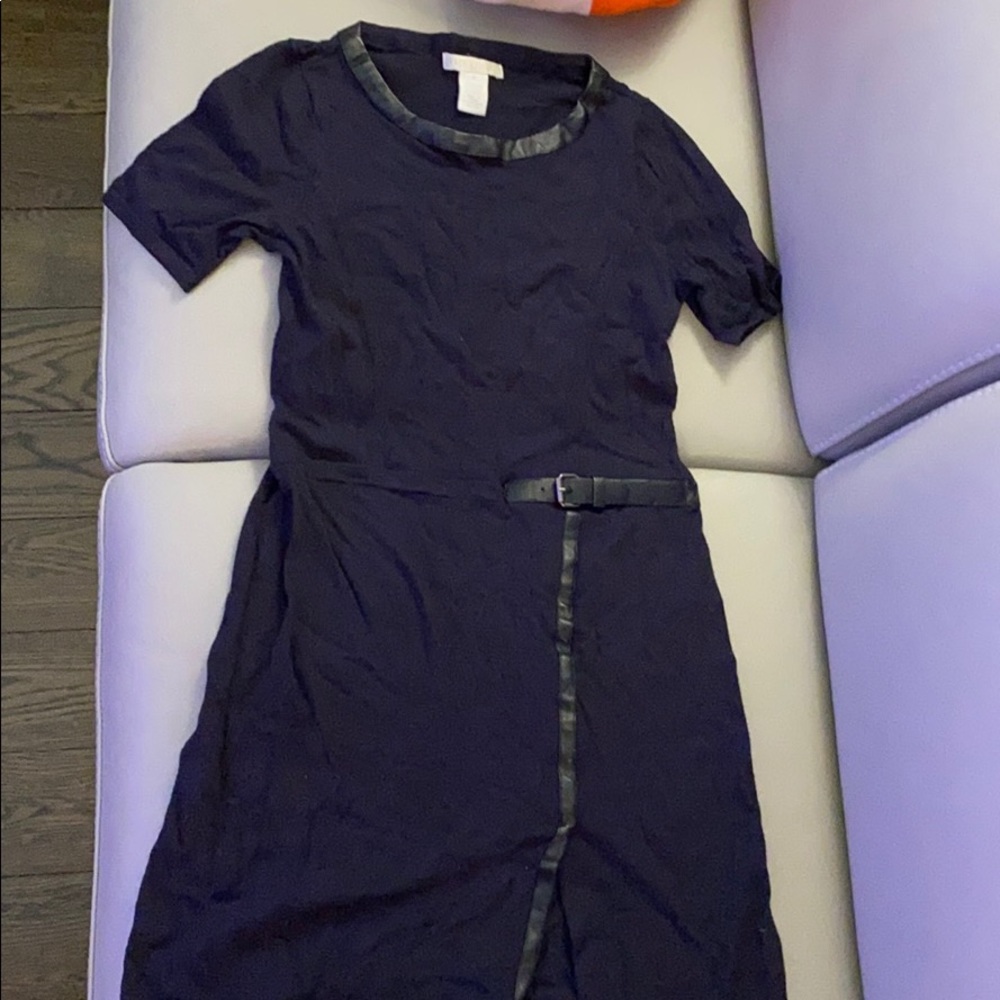 Navy dress with faux leather detail